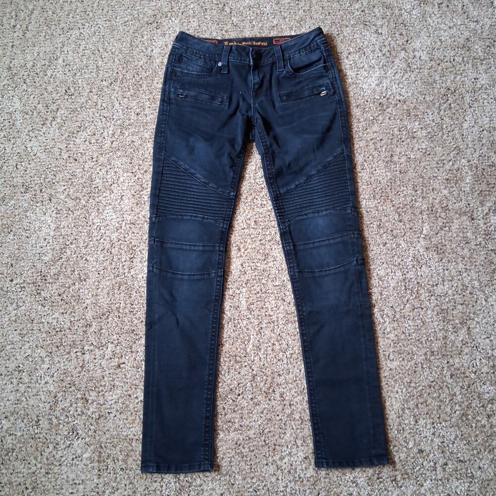 Rock Revival Women's Jeans 27 Sheryl Moto Skinny Blue Biker Stretch Panel Zip